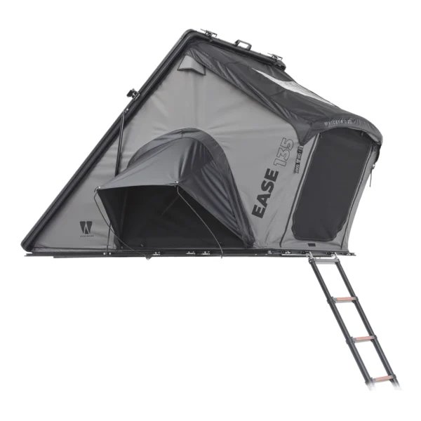 (pré commande 17.07.2025) Tente de toit rigide VICKYWOOD CUMARU EASE 125 – Grise – 2 pers. – Coque rigide légère + matelas pneumatique